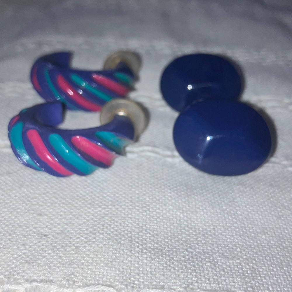 Vintage 80’s Plastic Post Earrings Set- Blue Button and Blue with Pink & Teal